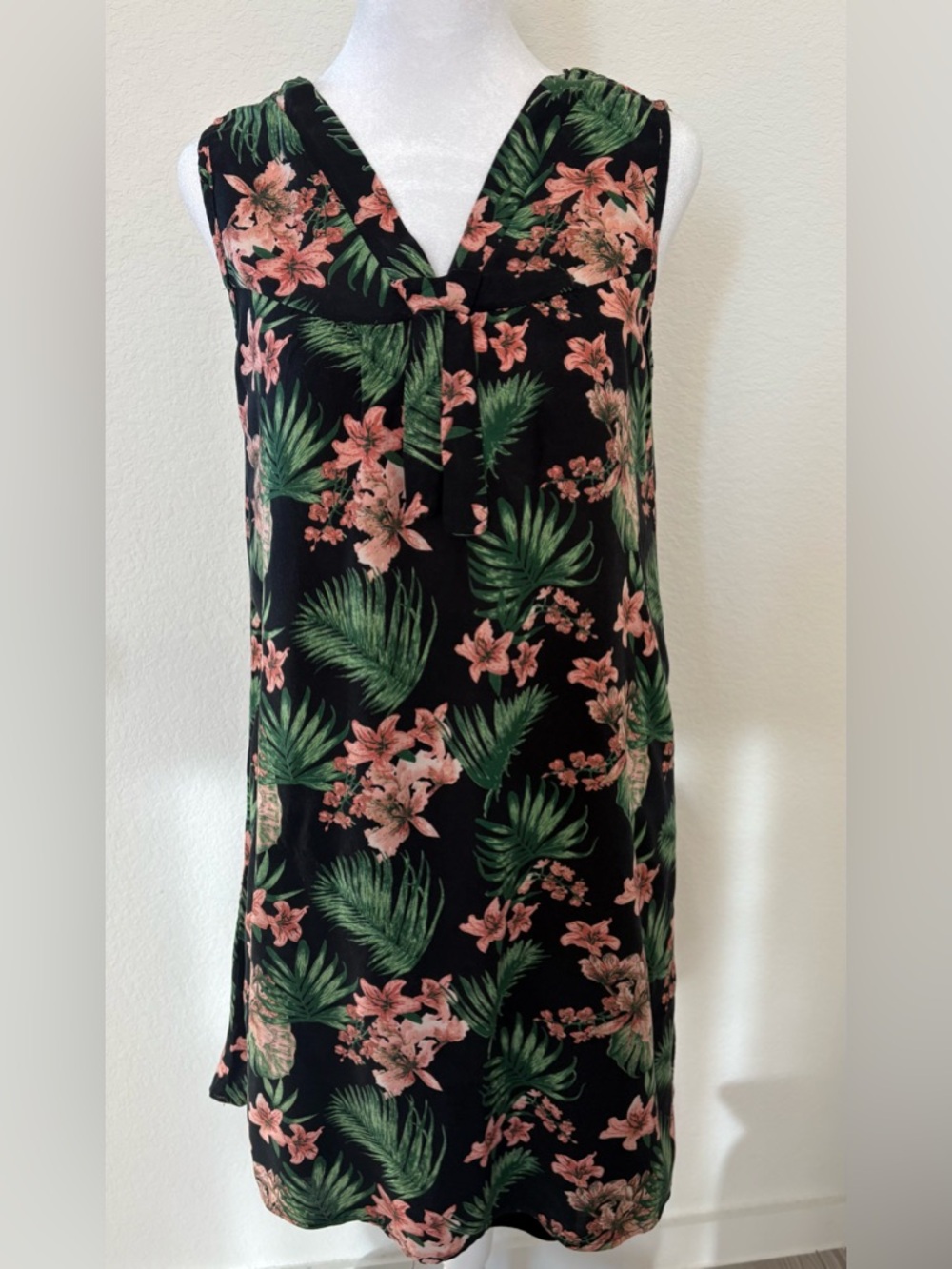 Zara Black Midi Dress with Pink Floral & Green Leaf Print